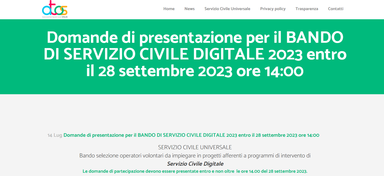 Bando selezione operatori volontari da impiegare in progetti afferenti a programmi di intervento di Servizio Civile Digitale