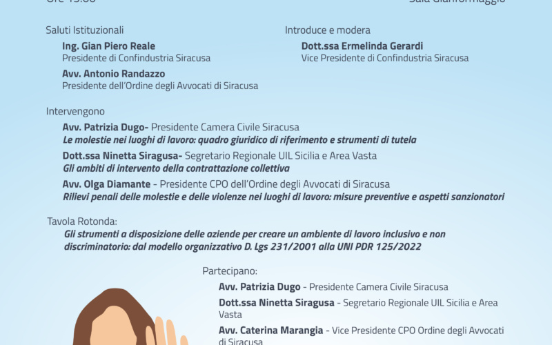 Molestie nei luoghi di lavoro: parità di genere e whistleblowing a Confindustria Siracusa.